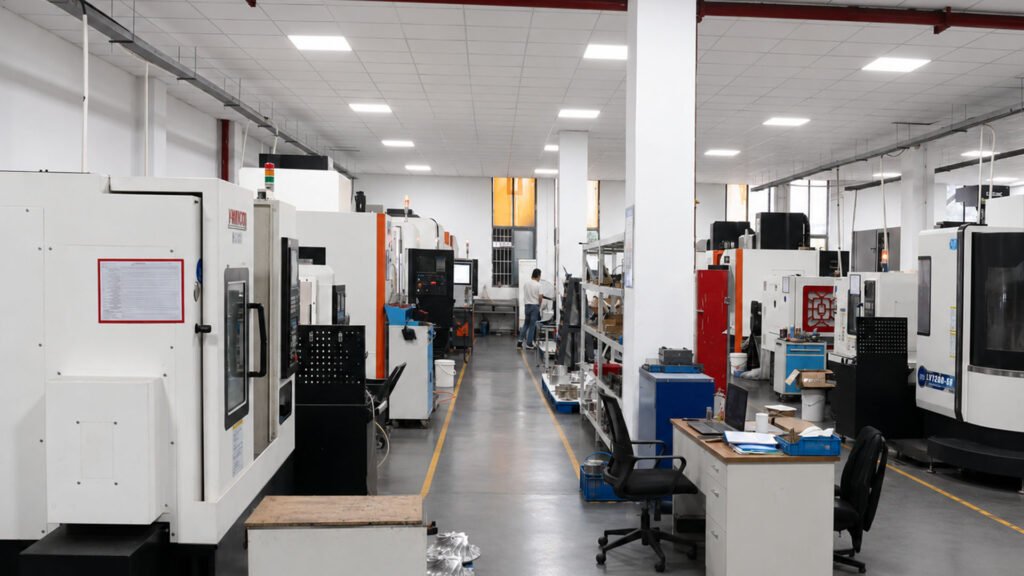 Leather hardware production workshop with assembly lines and quality control stations