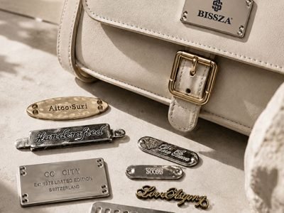 Custom metal logo tags and leather name labels for handbags, clothing and brand packaging - BISSZA